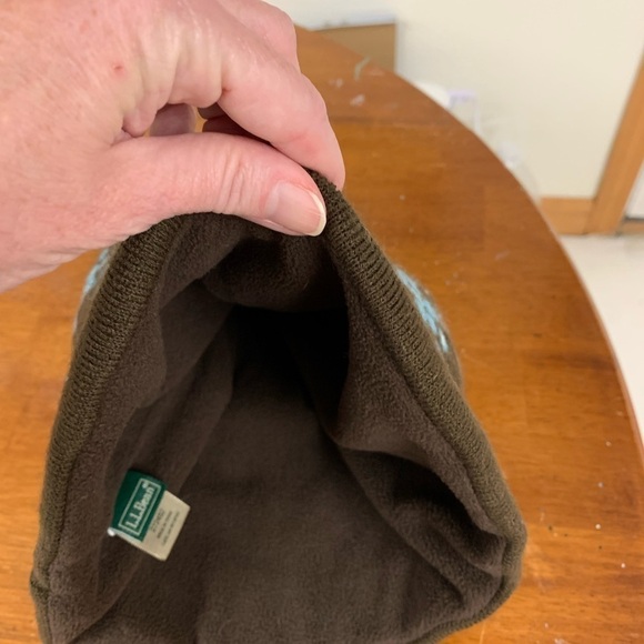 LL BEAN kids beanie hat fleece lined chocolate brown turquoise accent OSFM - Picture 4 of 6